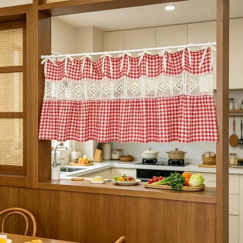 Vintage Red Gingham Kitchen Sink Oven Curtain, Farmhouse Tie Top Cafe Curtain with Bow Ties for Small Window, Country Tier Curtain for Cabinet Stove Decor 1 Panel (Red,W39 L20 inch) in Saudi Arabia