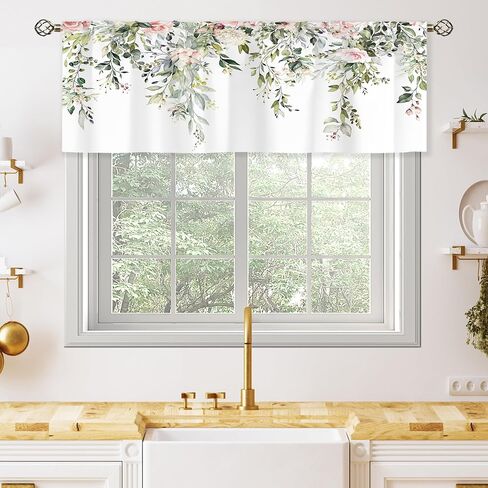 Pink Rose Valances Kitchen Curtains Flower Eucalyptus Botanical Leaves Window Drapes Floral Plants Bedroom Bathroom Living Room Treatment Tier 1 Panel 52Wx18H Inch in Saudi Arabia