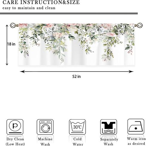 Pink Rose Valances Kitchen Curtains Flower Eucalyptus Botanical Leaves Window Drapes Floral Plants Bedroom Bathroom Living Room Treatment Tier 1 Panel 52Wx18H Inch in Saudi Arabia