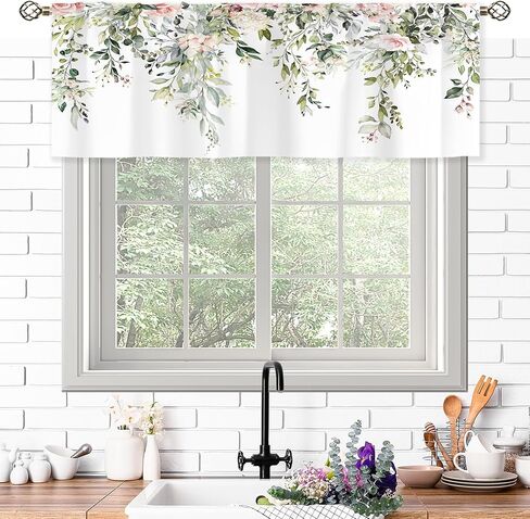 Pink Rose Valances Kitchen Curtains Flower Eucalyptus Botanical Leaves Window Drapes Floral Plants Bedroom Bathroom Living Room Treatment Tier 1 Panel 52Wx18H Inch in Saudi Arabia