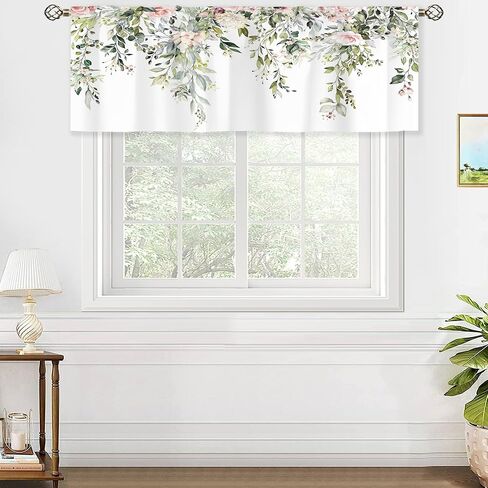 Pink Rose Valances Kitchen Curtains Flower Eucalyptus Botanical Leaves Window Drapes Floral Plants Bedroom Bathroom Living Room Treatment Tier 1 Panel 52Wx18H Inch in Saudi Arabia