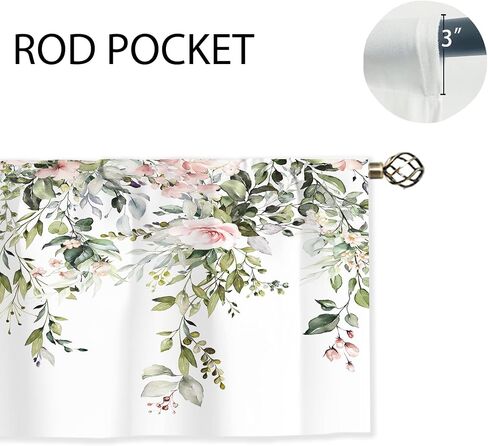 Pink Rose Valances Kitchen Curtains Flower Eucalyptus Botanical Leaves Window Drapes Floral Plants Bedroom Bathroom Living Room Treatment Tier 1 Panel 52Wx18H Inch in Saudi Arabia