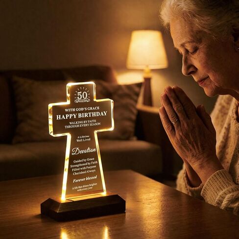 50th Birthday Gifts for Women Men, Lighted K9 Crystal Cross with Wooden Base, Christian Birthday Gift for Mom Dad Wife Friend, Religious Faith Keepsake Decor, 50 Blessed Years in Saudi Arabia