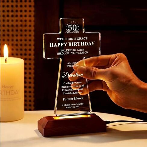 50th Birthday Gifts for Women Men, Lighted K9 Crystal Cross with Wooden Base, Christian Birthday Gift for Mom Dad Wife Friend, Religious Faith Keepsake Decor, 50 Blessed Years in Saudi Arabia
