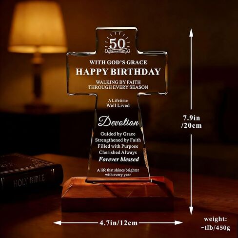 50th Birthday Gifts for Women Men, Lighted K9 Crystal Cross with Wooden Base, Christian Birthday Gift for Mom Dad Wife Friend, Religious Faith Keepsake Decor, 50 Blessed Years in Saudi Arabia
