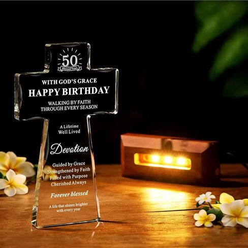 50th Birthday Gifts for Women Men, Lighted K9 Crystal Cross with Wooden Base, Christian Birthday Gift for Mom Dad Wife Friend, Religious Faith Keepsake Decor, 50 Blessed Years in Saudi Arabia