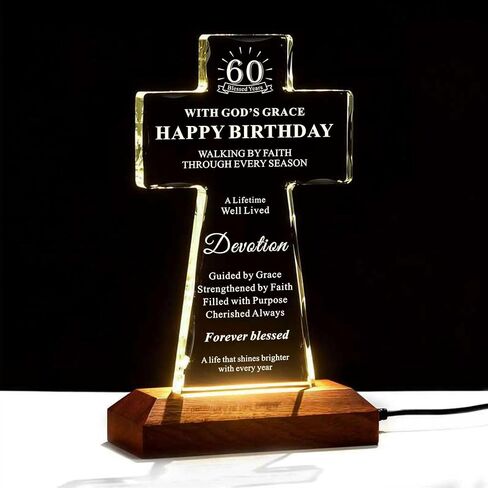 50th Birthday Gifts for Women Men, Lighted K9 Crystal Cross with Wooden Base, Christian Birthday Gift for Mom Dad Wife Friend, Religious Faith Keepsake Decor, 50 Blessed Years in Saudi Arabia