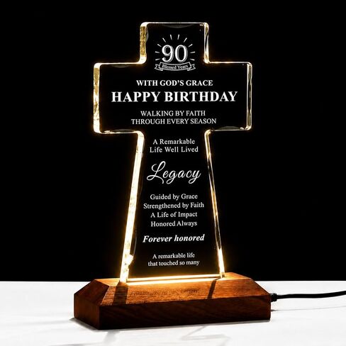 50th Birthday Gifts for Women Men, Lighted K9 Crystal Cross with Wooden Base, Christian Birthday Gift for Mom Dad Wife Friend, Religious Faith Keepsake Decor, 50 Blessed Years in Saudi Arabia