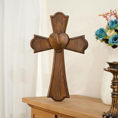 BGCarvedGrace Wooden Wall Cross with Heart Center, Retro Wood Wall Decor, Religious Home Accent (10 Inch) in Saudi Arabia