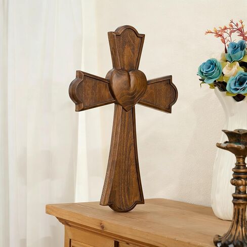 BGCarvedGrace Wooden Wall Cross with Heart Center, Retro Wood Wall Decor, Religious Home Accent (10 Inch) in Saudi Arabia