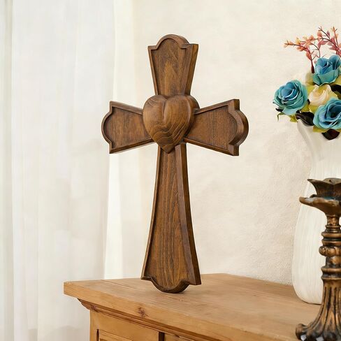 BGCarvedGrace Wooden Wall Cross with Heart Center, Retro Wood Wall Decor, Religious Home Accent (10 Inch) in Saudi Arabia