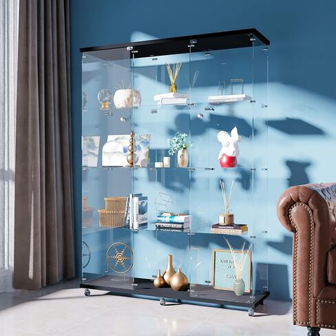 FANYUSHOW Display Cabinet with Glass Door and LED Light, 4-Tier Tempered Glass Display Shelf, Glass Curio Cabinet Collection Display Case, Display Case Cabinet, Black 64" H x 32" L x 14" W in Saudi Arabia