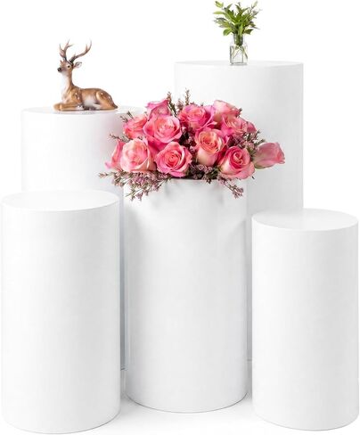 Zonon 5 Pcs Cylinder Pedestal Stands for Party, Metal White Display Stands Pillars for Wedding Bridal Ceremony Baby Shower Birthday Party Decorations in Saudi Arabia