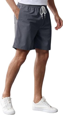 شورت رجالي قصير من مزيج القطن خفيف الوزن وناعم للصيف شورت مطاطي بخصر للشاطئ كاجوال للرجال مع جيوب in Kuwait