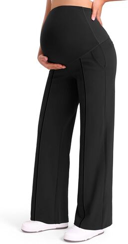 Mama Land Women Maternity Yoga Dress Pants Over The Belly Work Slack Pregnancy Wide Leg Lounge Trousers with Pockets in Saudi Arabia