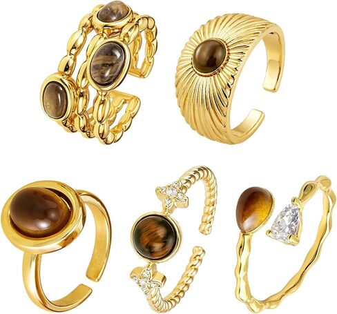 5 Pcs Faux Tigers Eye Ring For Women, Vintage Gold-Tone Artificial Gemstone Rings, Open Adjustable Boho Statement Ring Set in Saudi Arabia
