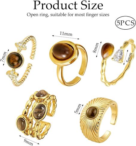 5 Pcs Faux Tigers Eye Ring For Women, Vintage Gold-Tone Artificial Gemstone Rings, Open Adjustable Boho Statement Ring Set in Saudi Arabia