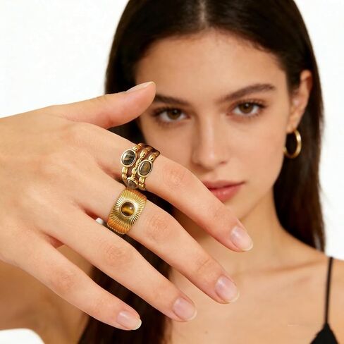 5 Pcs Faux Tigers Eye Ring For Women, Vintage Gold-Tone Artificial Gemstone Rings, Open Adjustable Boho Statement Ring Set in Saudi Arabia