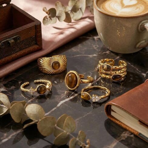 5 Pcs Faux Tigers Eye Ring For Women, Vintage Gold-Tone Artificial Gemstone Rings, Open Adjustable Boho Statement Ring Set in Saudi Arabia