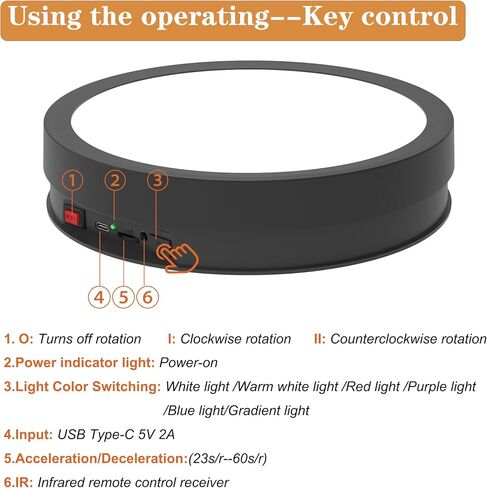 JAYEGT Variety Colors LED Light Non-Slip Rotating Display Stand , 66lbs Load, 360 Degree Photography Turntable for Glass Crystal Spherical Artwork (8.66inch / 6Color LED Light / Black / Wired) in Saudi Arabia