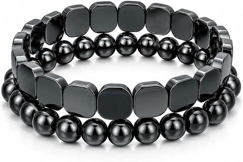 Hematite Bracelet Men Set of 2, Square & Round Bead Bracelets, Grounded Strength and Focus, Restore Confidence and Presence, Inspired Energy Within, Stackable or Solo Wear, Gift for Boyfriend or Father in Saudi Arabia