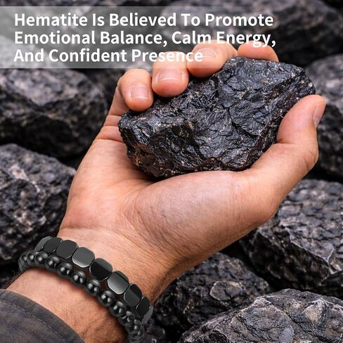 Hematite Bracelet Men Set of 2, Square & Round Bead Bracelets, Grounded Strength and Focus, Restore Confidence and Presence, Inspired Energy Within, Stackable or Solo Wear, Gift for Boyfriend or Father in Saudi Arabia