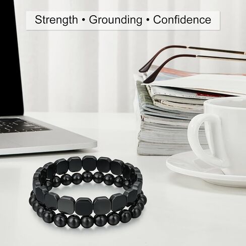 Hematite Bracelet Men Set of 2, Square & Round Bead Bracelets, Grounded Strength and Focus, Restore Confidence and Presence, Inspired Energy Within, Stackable or Solo Wear, Gift for Boyfriend or Father in Saudi Arabia