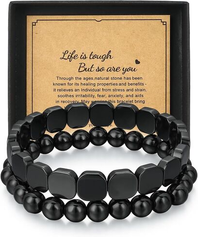 Hematite Bracelet Men Set of 2, Square & Round Bead Bracelets, Grounded Strength and Focus, Restore Confidence and Presence, Inspired Energy Within, Stackable or Solo Wear, Gift for Boyfriend or Father in Saudi Arabia