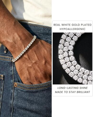 LuxeFlex Moissanite Tennis Bracelet for Men Women, VVS D Color Moissanite, 5 Times Rhodium Plated, White Gold Iced Out Hip Hop Jewelry with Secure Spring Clasp (3mm/4mm/5mm) in Saudi Arabia