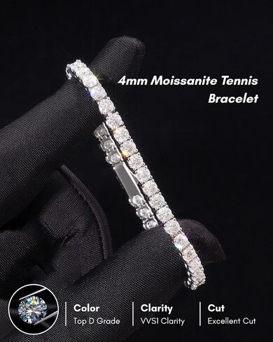 LuxeFlex Moissanite Tennis Bracelet for Men Women, VVS D Color Moissanite, 5 Times Rhodium Plated, White Gold Iced Out Hip Hop Jewelry with Secure Spring Clasp (3mm/4mm/5mm) in Saudi Arabia