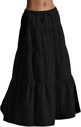 Women's Black Tiered Ruffle Elastic Drawstring Tie Waist Boho Casual Long Flowy Soft Pleated Layered Summer Beach Maxi Skirt Size S in Kuwait