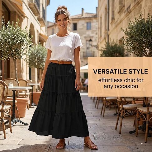 Women's Black Tiered Ruffle Elastic Drawstring Tie Waist Boho Casual Long Flowy Soft Pleated Layered Summer Beach Maxi Skirt Size S in Kuwait