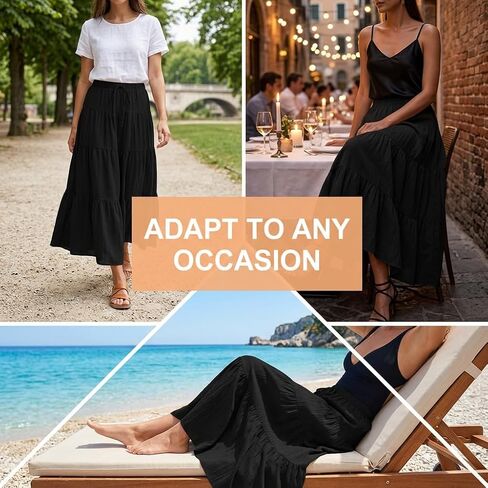 Women's Black Tiered Ruffle Elastic Drawstring Tie Waist Boho Casual Long Flowy Soft Pleated Layered Summer Beach Maxi Skirt Size S in Kuwait