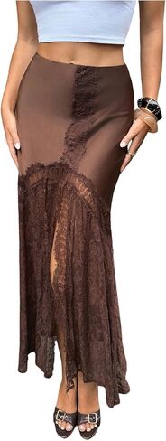 WDIRARA Women's Lace High Slit Skirt Low Rise Ruffle Flowy Long Skirts in Kuwait