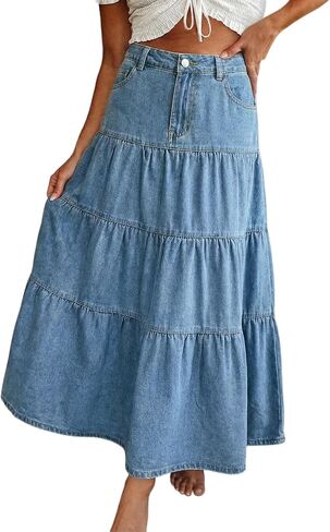 yoeasy Women Denim Maxi Skirt High Waist Boho Flowy Pleated Tiered Ruffle Swing A-Line Jean Long Skirts with Pockets in Kuwait