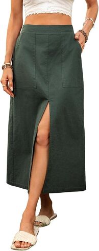 Women's Casual Linen Skirts with Pockeks Elastic High Waisted Slit Hem Weekend Skirts in Saudi Arabia