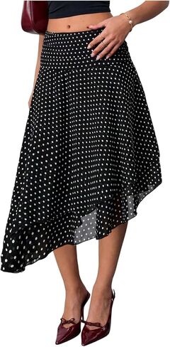 BEAUDRM Women's Polka Dots Midi Skirt Y2k Mesh Low Rise Asymmetrical Flowy Skirt in Saudi Arabia
