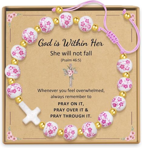 Sereney Cross Bracelet as First Holy Communion Gifts for Girls, Pink Flower Rosary Religious Bracelet as Christian Graduation Catholic Gift for Her, 1st Communion Baptism Confirmation Gifts for Girl in Kuwait