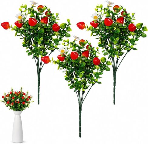 Ciieeo 3 Pcs Artificial Strawberry Branches with Daisy and Eucalyptus, 12.5'' Faux Red Fruit Sprays for Small Vase Filler, Farmhouse Kitchen Table Decor, Realistic Berries Plant for Home Spring Summer in Kuwait