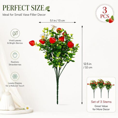 Ciieeo 3 Pcs Artificial Strawberry Branches with Daisy and Eucalyptus, 12.5'' Faux Red Fruit Sprays for Small Vase Filler, Farmhouse Kitchen Table Decor, Realistic Berries Plant for Home Spring Summer in Kuwait