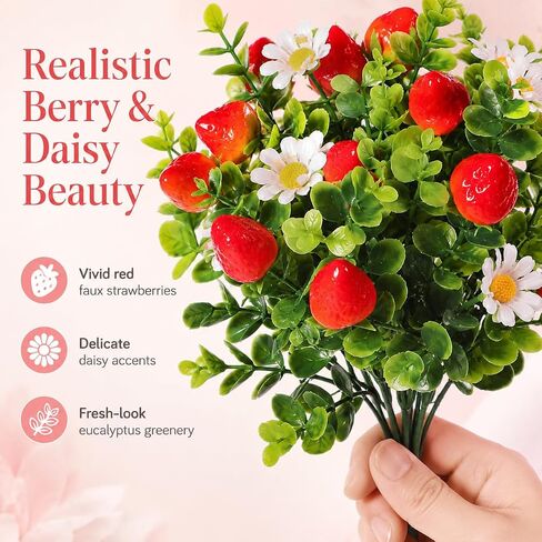 Ciieeo 3 Pcs Artificial Strawberry Branches with Daisy and Eucalyptus, 12.5'' Faux Red Fruit Sprays for Small Vase Filler, Farmhouse Kitchen Table Decor, Realistic Berries Plant for Home Spring Summer in Kuwait