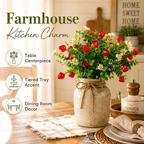 Ciieeo 3 Pcs Artificial Strawberry Branches with Daisy and Eucalyptus, 12.5'' Faux Red Fruit Sprays for Small Vase Filler, Farmhouse Kitchen Table Decor, Realistic Berries Plant for Home Spring Summer in Kuwait