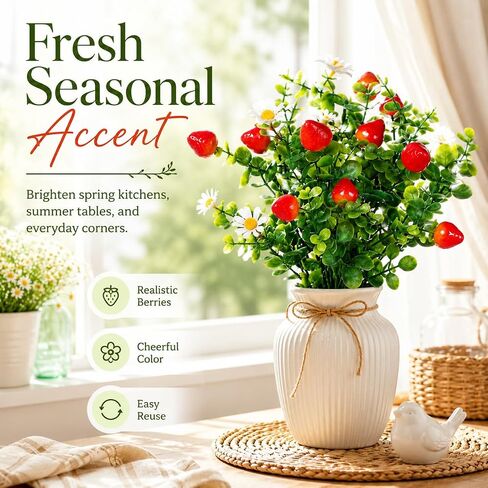 Ciieeo 3 Pcs Artificial Strawberry Branches with Daisy and Eucalyptus, 12.5'' Faux Red Fruit Sprays for Small Vase Filler, Farmhouse Kitchen Table Decor, Realistic Berries Plant for Home Spring Summer in Kuwait