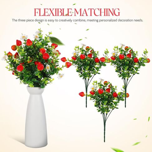 Ciieeo 3 Pcs Artificial Strawberry Branches with Daisy and Eucalyptus, 12.5'' Faux Red Fruit Sprays for Small Vase Filler, Farmhouse Kitchen Table Decor, Realistic Berries Plant for Home Spring Summer in Kuwait