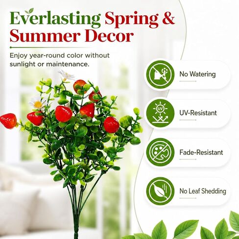 Ciieeo 3 Pcs Artificial Strawberry Branches with Daisy and Eucalyptus, 12.5'' Faux Red Fruit Sprays for Small Vase Filler, Farmhouse Kitchen Table Decor, Realistic Berries Plant for Home Spring Summer in Kuwait
