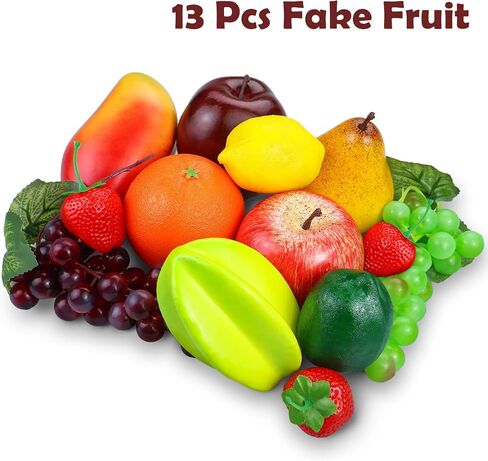 Lorigun 13 Pcs Fake Fruit, Artificial Fruits for Decoration Realistic Faux Fruits Table Centerpieces, Plastic Fruit for Decor Home Kitchen Fake Apples Oranges Grapes Lemons in Kuwait