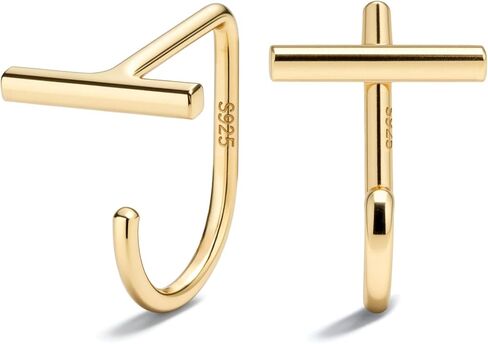 925 Sterling Silver 14K Gold Plated Huggie Half Hoop Earrings — Sleep-Friendly Poke-Free Hypoallergenic Stackable Earring — Comfortable & All Day Wear (Bar,Yellow-Gold) in Saudi Arabia