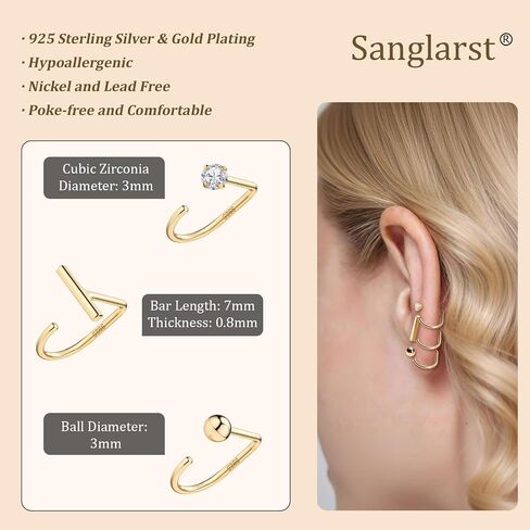 925 Sterling Silver 14K Gold Plated Huggie Half Hoop Earrings — Sleep-Friendly Poke-Free Hypoallergenic Stackable Earring — Comfortable & All Day Wear (Bar,Yellow-Gold) in Saudi Arabia