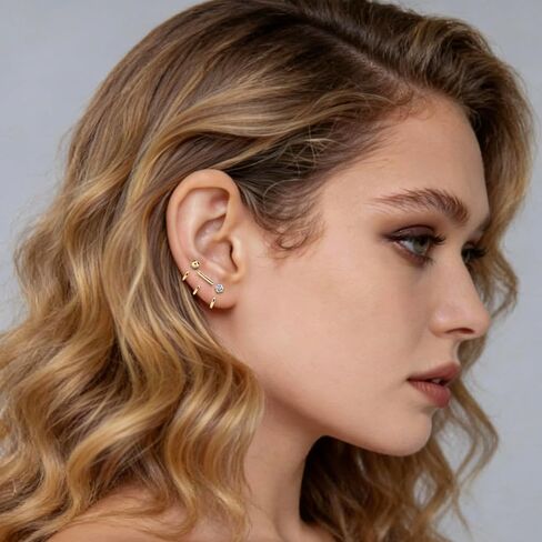 925 Sterling Silver 14K Gold Plated Huggie Half Hoop Earrings — Sleep-Friendly Poke-Free Hypoallergenic Stackable Earring — Comfortable & All Day Wear (Bar,Yellow-Gold) in Saudi Arabia