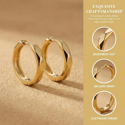 14K Yellow Gold Unisex Hoop Earrings for Women Men 20mm x 4.2mm, Small Chunky Classic Round Huggie Hoops Minimalist Diamond-Cut Round Earrings Hypoallergenic Gift in Saudi Arabia